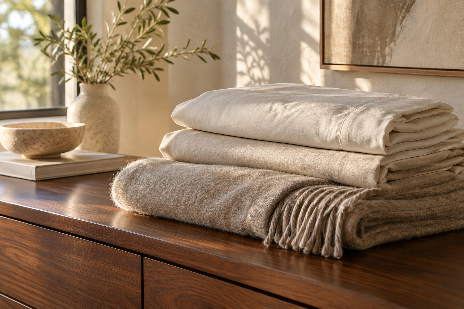 Folded bedding and throw in warm daylight