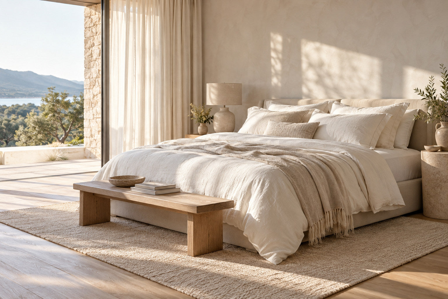 Sunlit bedroom with layered neutral bedding